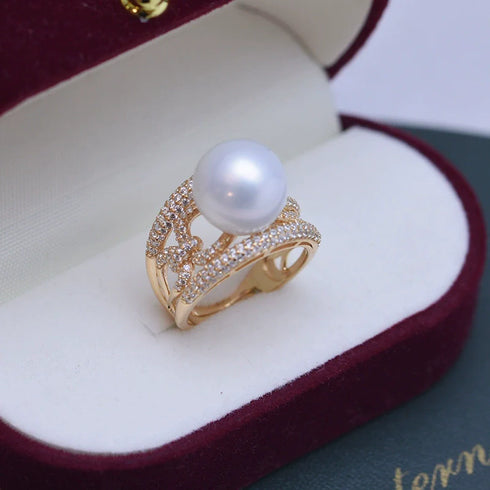 10-11mm Freshwater Pearl Wide Cubic Zirconia Ring - May-Lynn